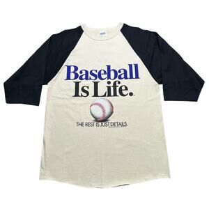 Vintage 1992 Baseball Is Life Raglan Shirt Men’s L Big Ball Sports 3/4 Sleeve
